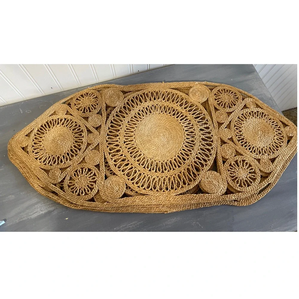 4pc Woven Straw Placemats/Table Runner Natural Fiber Boho Oval Medallion Cottage